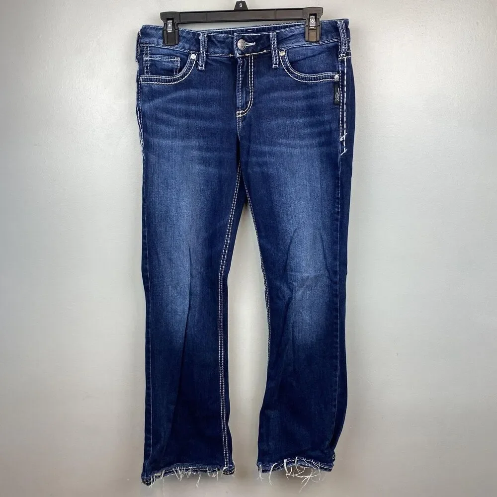 Silver Jeans Suki Bootcut Jeans Womens 27 Blue Mid Rise Distressed Raw Hem‎